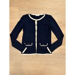 MNG suit blue cardigan with gold buttons and tan trim fits like size S